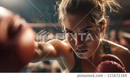 Female boxer throwing a punch with intense concentration, close-up in the ring 131672169