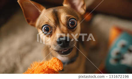 Small Chihuahua dog with wide surprised eyes and pointed ears, funny pet portrait with orange toy 131672196