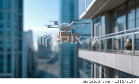 An autonomous delivery drone approaches a skyscraper balcony with a package, a futuristic urban logistics concept 131672197