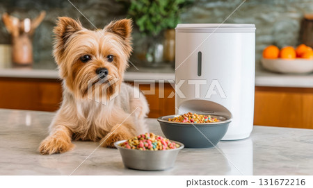 Yorkshire Terrier with Smart Pet automatic feeder and food bowls on the kitchen table, modern pet care concept 131672216