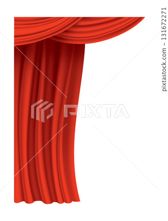 Red curtains realistic. Theater fabric silk decoration for movie cinema or opera hall. Curtains and draperies interior decoration object. Isolated on transparent for theater stage 131672271