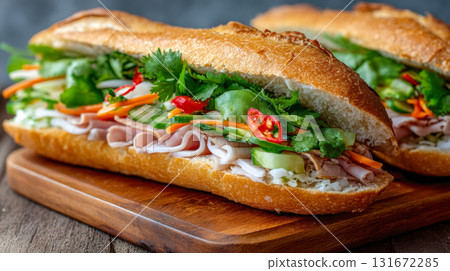 Vietnamese Banh Mi sandwich with ham, pickled vegetables and fresh cilantro on a wooden board, authentic street food close-up 131672285
