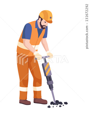 Construction Worker Utilizing a Jackhammer at a Work Site for Projects Construction Worker Utilizing a Jackhammer at a Work Site for Projects 131672292