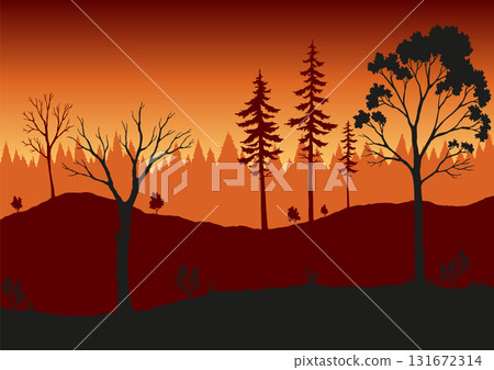 Forest fire. Burning spruces and oak trees, wood plants in flame. Forest fires in Amazon and Australia 131672314