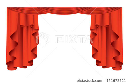 Red curtains realistic. Theater fabric silk decoration for movie cinema or opera hall. Curtains and draperies interior decoration object. Isolated on transparent for theater stage Red curtains realistic. Theater fabric silk decoration for movie cinema or opera hall. Curtains and draperies interior decoration object. Isolated on transparent for theater stage 131672321