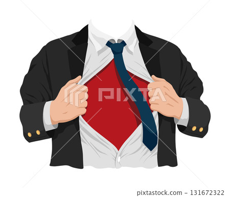 Opening shirt superhero. Office worker or businessman tearing his shirt in flat cartoon style. Business success concept in pop art comic style. Vector illustration Opening shirt superhero. Office worker or businessman tearing his shirt in flat cartoon style. Business success concept in pop art comic style. Vector illustration 131672322