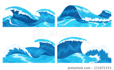 Ocean waves. Four scenes of blue sea or ocean waves with spray, foam on crest. Splash water, marine sea storm element, vector illustration Ocean waves. Four scenes of blue sea or ocean waves with spray, foam on crest. Splash water, marine sea storm element, vector illustration 131672333