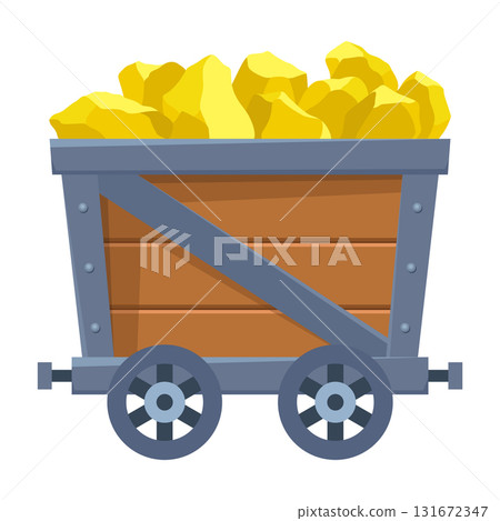 Metal mine cart loaded with gold. Cartoon mine trolley. Vector design illustration isolated on white background 131672347