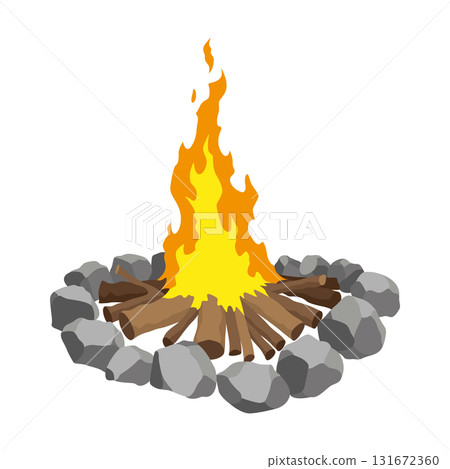 Fireplace campfire type. Burning wood, travel and adventure symbol. Vector bonfire or woodfire in cartoon flat style. Tourist bonfires in stack 131672360