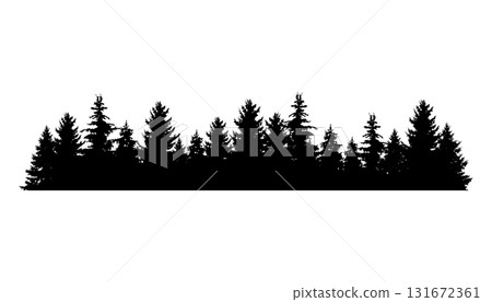 Fir trees silhouette. Coniferous spruce horizontal background pattern, black evergreen woods vector illustration. Beautiful hand drawn panorama of coniferous forest Fir trees silhouette. Coniferous spruce horizontal background pattern, black evergreen woods vector illustration. Beautiful hand drawn panorama of coniferous forest 131672361