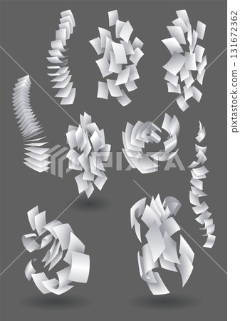 Falling paper sheets collection. Set of flying curved leaves of paper. Vector loose soar of notes with curled edges. Fly scattered notes, empty chaotic paperwork 131672362