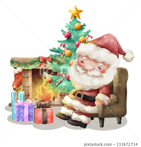 Watercolor cartoon illustration of relaxed Santa Claus sitting in armchair by a warm, crackling fireplace and christmas scenes with gifts box and a festive tree . Hand drawn digital painting . Watercolor cartoon illustration of relaxed Santa Claus sitting in armchair by a warm, crackling fireplace and christmas scenes with gifts box and a festive tree . Hand drawn digital painting . 131672714