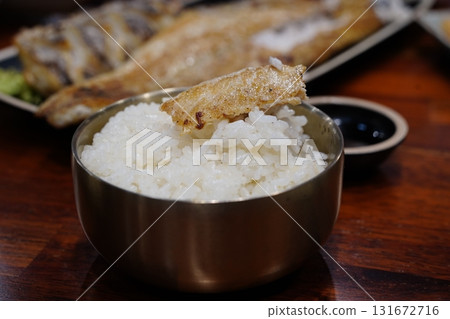 Korean Grilled Hairtail Fish (Galchi) Served on White Rice 131672716