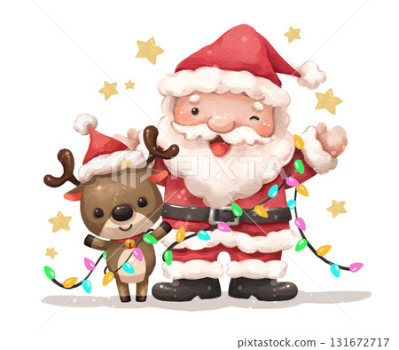 Watercolor cartoon illustration of santa claus and reindeer wrapped in Christmas lights . Hand drawn digital painting . Transparency background . Watercolor cartoon illustration of santa claus and reindeer wrapped in Christmas lights . Hand drawn digital painting . Transparency background . 131672717