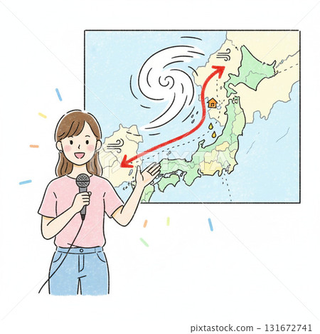 Female announcer explaining the typhoon's path Female announcer explaining the typhoon's path 131672741