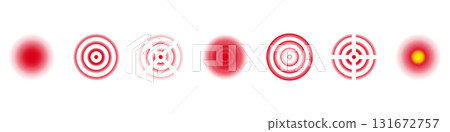 Pain Glow Spots and Target Radar Circles Icon Set. Body Injury Focus Areas, Medical Ache Localization and Pressure Indicators Symbol Collection. Isolated Vector Illustration Pain Glow Spots and Target Radar Circles Icon Set. Body Injury Focus Areas, Medical Ache Localization and Pressure Indicators Symbol Collection. Isolated Vector Illustration 131672757