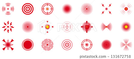 Red Pain Circles and Radar Icons Set. Pain Localization Signs and Body Injury Markers. Headache and Muscle Joint Ache Symbols. Isolated Vector Illustration Red Pain Circles and Radar Icons Set. Pain Localization Signs and Body Injury Markers. Headache and Muscle Joint Ache Symbols. Isolated Vector Illustration 131672758