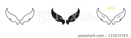 Angel Feather Wings Line And Solid Icon Set. Pair Of Wings With Spiritual Meaning Representing Holiness, Ascension, And Divine Protection. Isolated Vector Illustration 131672763