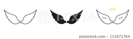 Angel Wings And Halo Line And Solid Icon Set. Spirituality, Protection, And Guardian Symbol Outline And Silhouette Collection. Celestial And Divine Concept. Isolated Vector Illustration 131672764