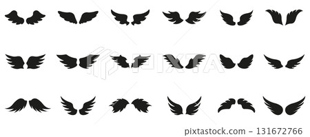 Wing Silhouette Icon Set. Angelic, Fantasy, And Mythical Wing Designs Silhouette Symbol Collection. Ideal For Tattoos and Graphic Design. Isolated Vector Illustration 131672766