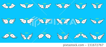 Cartoon Angel Wings With Halo Icon Set. Whimsical Wing Icons. Heaven, Purity, Spirituality and Protection Concept. Silhouette Symbol Collection. Isolated Vector Illustration 131672767
