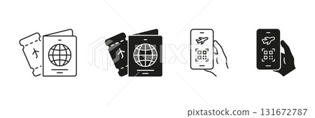 Passport And Boarding Pass With Mobile Qr Code Icon Set. Travel Documentation And Digital Ticketing Outline And Silhouette Symbols. Air Travel And Security Check. Isolated Vector Illustration Passport And Boarding Pass With Mobile Qr Code Icon Set. Travel Documentation And Digital Ticketing Outline And Silhouette Symbols. Air Travel And Security Check. Isolated Vector Illustration 131672787