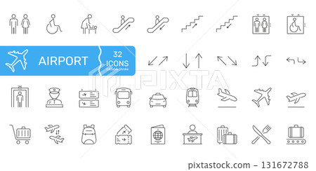 Airport Facilities And Navigation Line Icon Set. Travel, Security, And Transportation Outline Symbol. Includes Accessibility, Directions, And Services. Editable Stroke. Isolated Vector Illustration Airport Facilities And Navigation Line Icon Set. Travel, Security, And Transportation Outline Symbol. Includes Accessibility, Directions, And Services. Editable Stroke. Isolated Vector Illustration 131672788