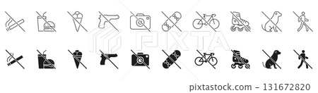 Prohibited Activities Icon Set. No Smoking, Fast Food, Weapons, Skateboarding and Cycling, Dogs Restriction Symbols. Public Space Rules. Isolated Vector Illustration Prohibited Activities Icon Set. No Smoking, Fast Food, Weapons, Skateboarding and Cycling, Dogs Restriction Symbols. Public Space Rules. Isolated Vector Illustration 131672820