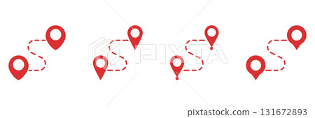 Red Location Pin With Dotted Path Solid Icon Set. Navigation, Route Planning, And Gps Tracking Silhouette Symbol Collection. Travel And Directional Guidance. Isolated Vector Illustration 131672893
