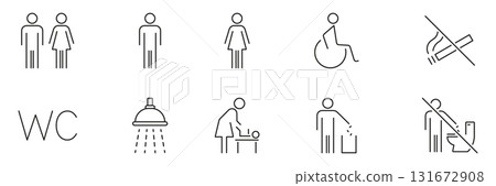 Restroom And Facility Sign Line Icon Set. Gender, Accessibility and Hygiene Symbols Collection. Includes No Smoking, Shower, Baby Changing and Waste Disposal Icons. Isolated Vector Illustration 131672908