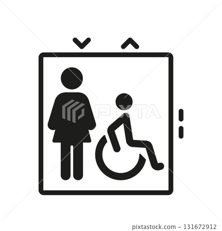 Elevator With Female And Wheelchair User Solid Icon. Accessibility And Inclusivity In Public Spaces Silhouette Symbol. Universal Design And Mobility Support. Isolated Vector Illustration Elevator With Female And Wheelchair User Solid Icon. Accessibility And Inclusivity In Public Spaces Silhouette Symbol. Universal Design And Mobility Support. Isolated Vector Illustration 131672912