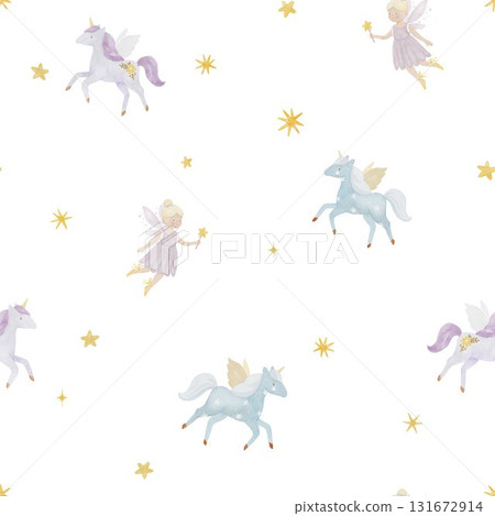Seamless watercolor pattern with cute fairies, unicorns, and golden stars. Perfect for baby girl nursery decor, kids room textiles, wallpapers, pajamas, and magical themed products. Seamless watercolor pattern with cute fairies, unicorns, and golden stars. Perfect for baby girl nursery decor, kids room textiles, wallpapers, pajamas, and magical themed products. 131672914