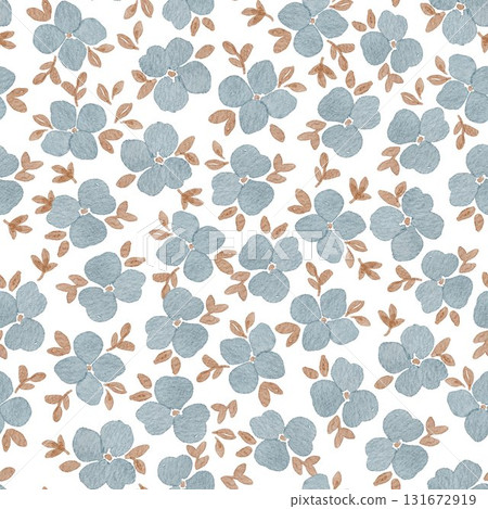 Seamless watercolor pattern with delicate blue flowers and beige leaves. Ideal for bedding, fabric, wallpaper, nursery decor, wrapping paper, and feminine textile design. Seamless watercolor pattern with delicate blue flowers and beige leaves. Ideal for bedding, fabric, wallpaper, nursery decor, wrapping paper, and feminine textile design. 131672919