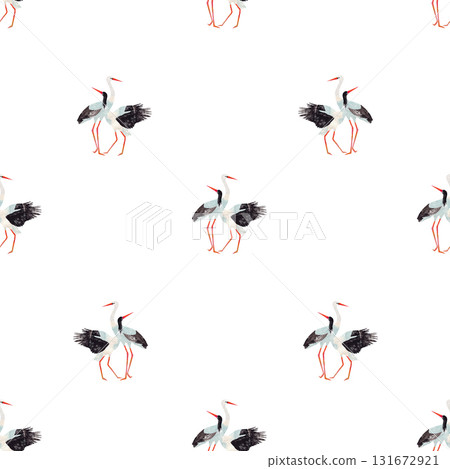 Seamless watercolor pattern of romantic stork couples. Hand-painted bird motif for wedding decor, fabric, wrapping paper, and nursery design with a natural and elegant touch. Seamless watercolor pattern of romantic stork couples. Hand-painted bird motif for wedding decor, fabric, wrapping paper, and nursery design with a natural and elegant touch. 131672921