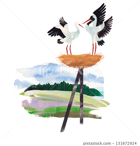 Watercolor illustration of two storks standing together. Romantic hand-painted bird couple perfect for wedding themes, nursery prints, nature decor, or spring-themed designs. Watercolor illustration of two storks standing together. Romantic hand-painted bird couple perfect for wedding themes, nursery prints, nature decor, or spring-themed designs. 131672924