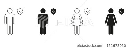 Male And Female Security Assurance Icon Set. Gender Representation With Shield And Checkmark Symbolizing Safety And Protection. Personal Data Security And Privacy. Isolated Vector Illustration 131672930
