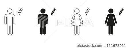 Male And Female With Pencil Icon Set. User Profile Editing And Customization Outline And Silhouette Symbol Collection. Personalization And Identity Management. Isolated Vector Illustration Male And Female With Pencil Icon Set. User Profile Editing And Customization Outline And Silhouette Symbol Collection. Personalization And Identity Management. Isolated Vector Illustration 131672931