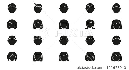 Minimalist User Avatars with Diverse Hairstyles for Male and Female Characters Solid Icon Set. Flat Human Profile Icons for Social Identity Silhouette Symbol Collection. Isolated Vector Illustration 131672940