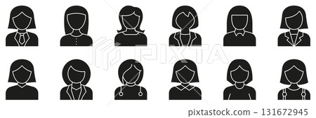 Female Avatar Icons with Professional and Casual Outfits Solid Icon Set. User Profile Symbols for Identity, Interface and Business Contact Silhouette Symbol Collection. Isolated Vector Illustration 131672945