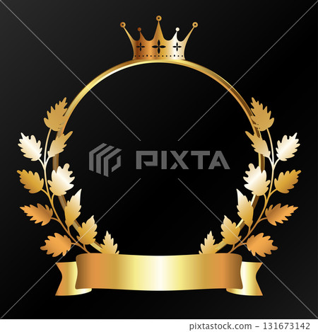 Golden bright coat of arms with golden crown, ribbon and laurel wreath design 131673142