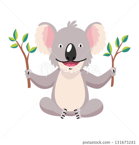 Cute koala character joyfully holding onto two branches in its paws for support 131673281
