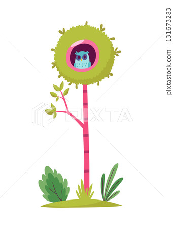 A small bird is comfortably sitting in its cozy nest upon a tree 131673283