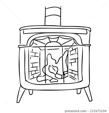 Hand drawn outline of cozy wood stove with burning fire inside, simple black and white doodle style illustration Hand drawn outline of cozy wood stove with burning fire inside, simple black and white doodle style illustration 131673294