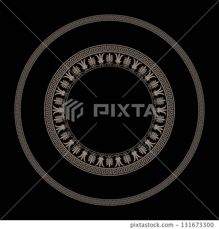 Round gold frame with greek ornament. Vintage gold round frame with Greek ornament. Frame with a Greek key meander. Vintage style. Round elements for design. Vector illustration. Round gold frame with greek ornament. Vintage gold round frame with Greek ornament. Frame with a Greek key meander. Vintage style. Round elements for design. Vector illustration. 131673300