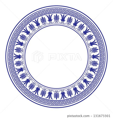 Blue round plate with floral design. Round floral european pattern frame arabesque. Greek key meander. Vintage frame with greek pattern. Pattern frame for textile, embroidery, ceramic, porcelain 131673301