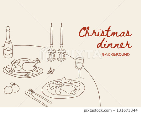 Whimsical doodle Christmas dinner table scene with festive roast turkey, candles, wine, holiday decor. Cozy seasonal illustration for invitations, menus, posters, backgrounds, banner templates. Vector Whimsical doodle Christmas dinner table scene with festive roast turkey, candles, wine, holiday decor. Cozy seasonal illustration for invitations, menus, posters, backgrounds, banner templates. Vector 131673344