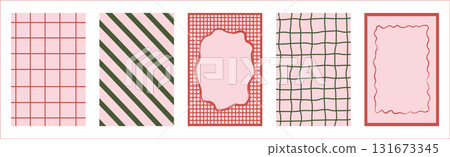 Retro whimsical Christmas backgrounds set with geometric grid, diagonal stripes, and playful hand-drawn frames. Festive colors for seasonal wrapping paper, invites, craft projects. Vector illustration 131673345