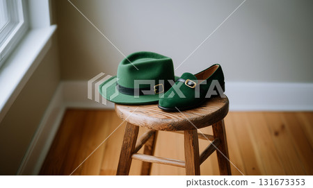 Green Irish Hat and Matching Shoes on Wooden Stool for St Patrick's Day Celebration 131673353