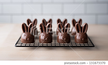 Chocolate Easter Bunny Treats Arranged on Black Cooling Rack in Modern Kitchen Chocolate Easter Bunny Treats Arranged on Black Cooling Rack in Modern Kitchen 131673370