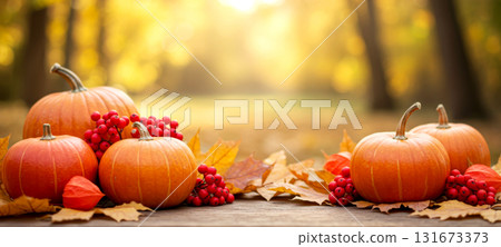 Autumn harvest arrangement with pumpkins a rustic wooden table in golden sunlight. Autumn holiday background. 131673373